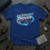Getaway Driver text with a retro muscle car speeding through a city skyline on a blue t-shirt