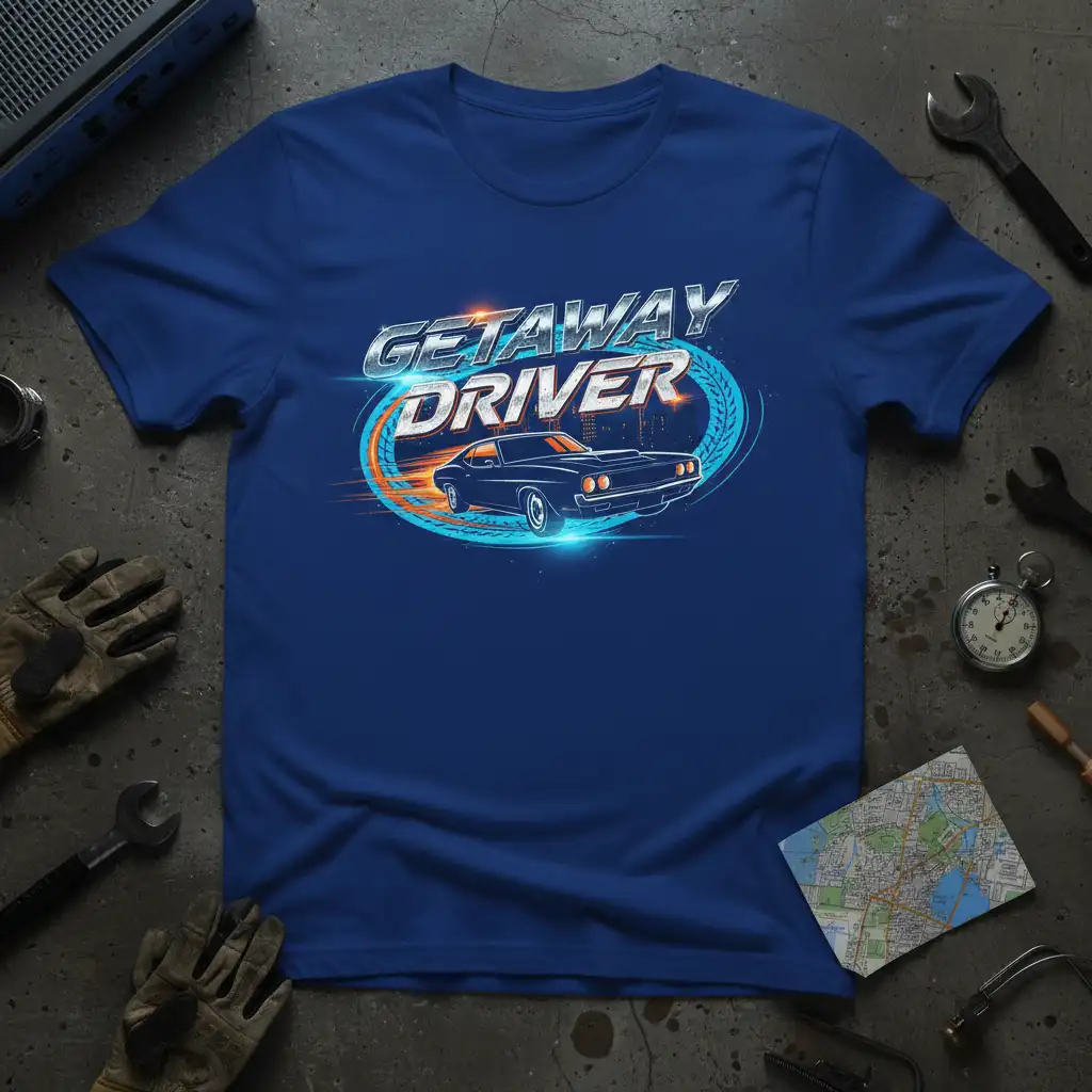 Getaway Driver text and retro muscle car graphic on a blue t-shirt, evoking speed and adventure