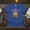 Gettin' Lit campfire t-shirt with orange and yellow text above a graphic of a burning campfire