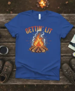 Gettin' Lit campfire t-shirt with orange and yellow text above a graphic of a burning campfire