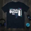Getting My Buzz On t-shirt design with a soda can and retro glitch effect, featuring a cartoon astronaut giving a