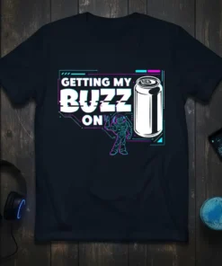 Getting My Buzz On t-shirt design with a soda can and retro glitch effect, featuring a cartoon astronaut giving a