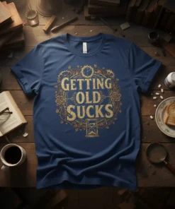 Vintage style t-shirt with gold text "GETTING OLD SUCKS" inside a wreath with gears and hourglass