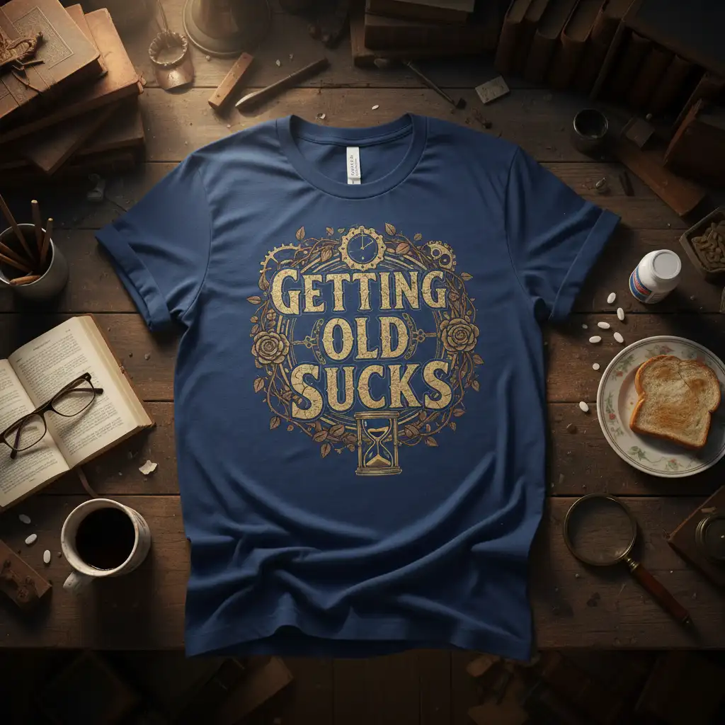 GETTING OLD SUCKS quote in distressed gold font with vintage gears and hourglass graphic on navy tee