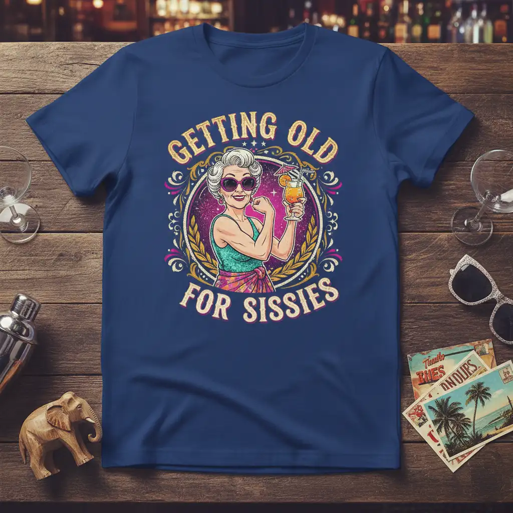 Getting Old For Sissies humorous quote design with a confident older woman flexing and holding a cocktail