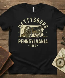 Gettysburg Pennsylvania 1863 t-shirt design with a vintage cannon graphic and historical text