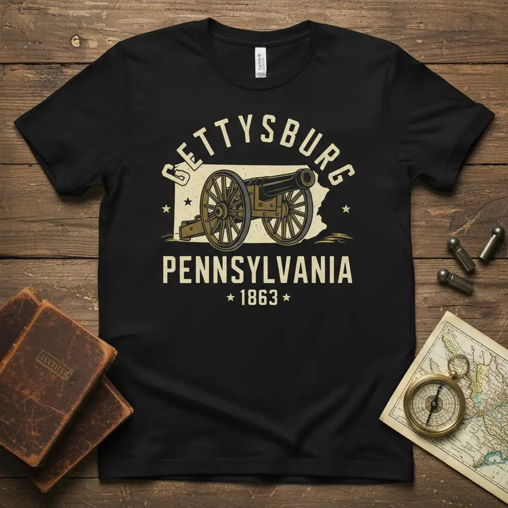 Gettysburg Pennsylvania 1863 t-shirt design with vintage cannon illustration and historical text