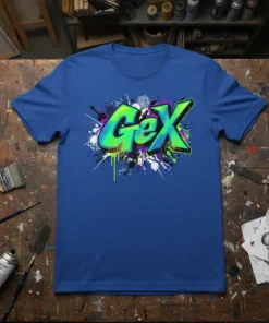 Gex graffiti logo design with vibrant green and blue colors on a blue t-shirt, urban streetwear style