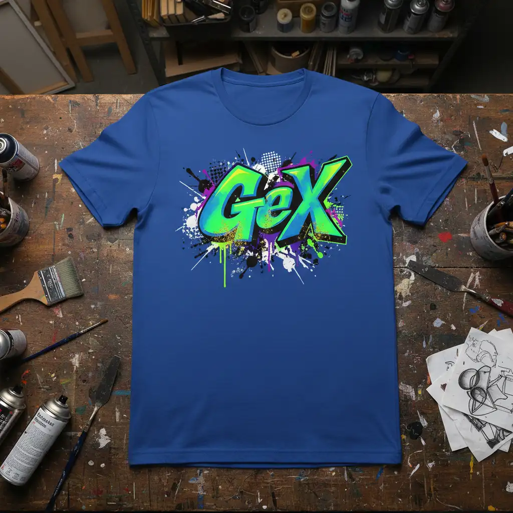 Gex graffiti logo in neon green and blue with urban splatter art on a blue t-shirt