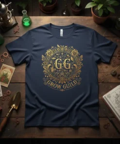 Navy t-shirt with ornate gold "GG GROW GUILD" circular design featuring floral and gear elements