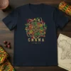 Ghana t-shirt with circular African pattern and gold text, navy blue shirt
