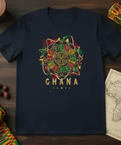 Ghana t-shirt with circular African pattern and gold text, navy blue shirt