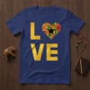 Ghana Love Heart T-Shirt featuring a Kente pattern heart and "LOVE" text in yellow, representing African heritage and pride