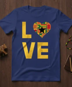 Ghana Love Heart T-Shirt featuring a Kente pattern heart and "LOVE" text in yellow, representing African heritage and pride