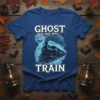 Ghost Boo Boo Boo Train Halloween T-Shirt design with a vintage steam train illustration and spooky bats