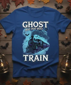 Ghost Boo Boo Boo Train Halloween T-Shirt design with a vintage steam train illustration and spooky bats
