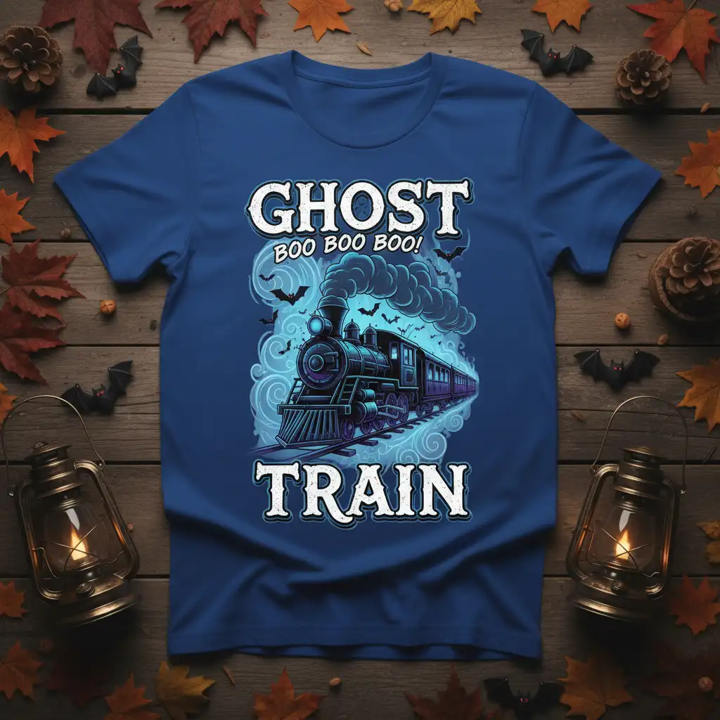 Ghost Boo Boo Boo Train Halloween t-shirt design with vintage steam locomotive and spooky bats