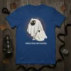 Ghost cat design with text FRFRES'NTON FRE FLWOTEN on a royal blue t-shirt, part of a Halloween collection