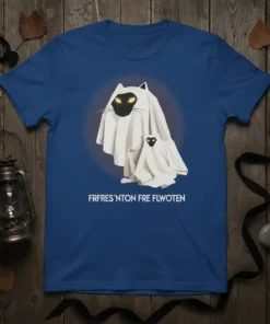 Ghost cat design with text FRFRES'NTON FRE FLWOTEN on a royal blue t-shirt, part of a Halloween collection