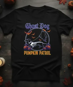Ghost Dog Pumpkin Patrol t-shirt featuring a skeleton dachshund and ghost graphic for Halloween