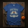 Ghost Horses Halloween t-shirt design with two spectral white horses and pumpkins, surrounded by clouds and bats