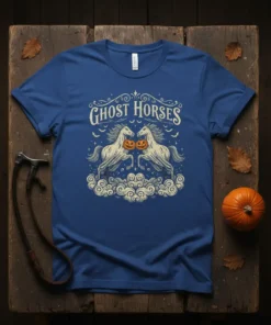 Ghost Horses Halloween t-shirt design with two spectral white horses and pumpkins, surrounded by clouds and bats