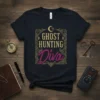 Ghost Hunting Diva t-shirt design with gold text and pink script on a dark background, featuring a crescent moon graphic