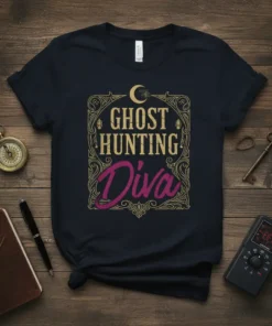 Ghost Hunting Diva t-shirt design with gold text and pink script on a dark background, featuring a crescent moon graphic