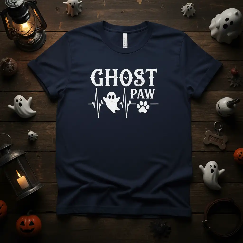 Ghost Paw heartbeat design with a cute ghost and dog paw print, ideal for Halloween pet apparel