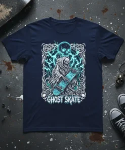 Ghost Skate T-Shirt design featuring a grim reaper holding a skateboard with glowing blue lightning and skulls