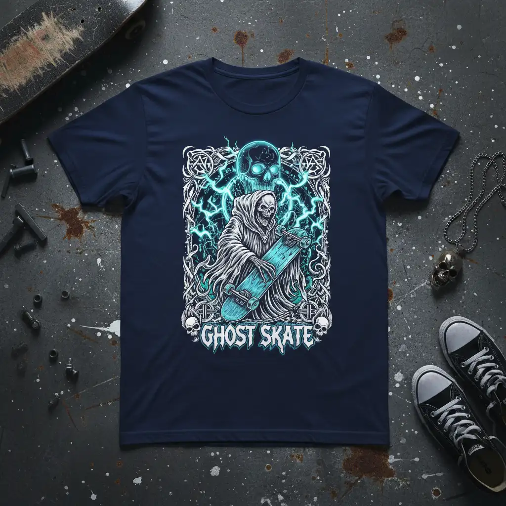 Ghost Skate graphic t-shirt depicting a grim reaper with a skateboard, surrounded by glowing blue lightning and skulls