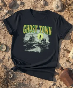 Ghost Town T-Shirt with a vintage western scene featuring buildings and a water tower under a full moon