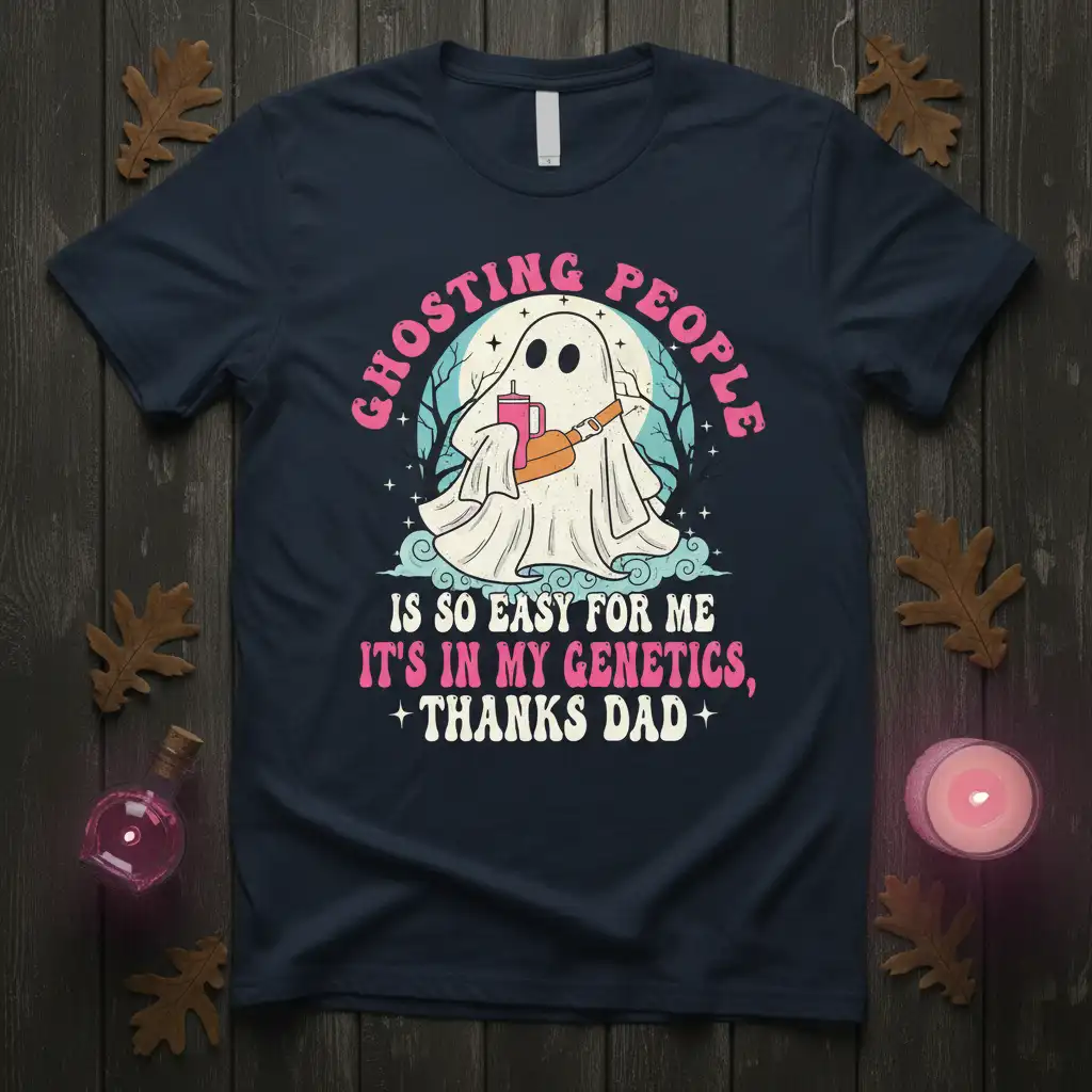 Ghosting People Is So Easy For Me It's In My Genetics, Thanks Dad quote with cute ghost holding drink on a navy