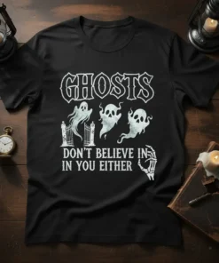 Black t-shirt with white text "GHOSTS DON'T BELIEVE IN IN YOU EITHER" and cartoon ghosts graphic
