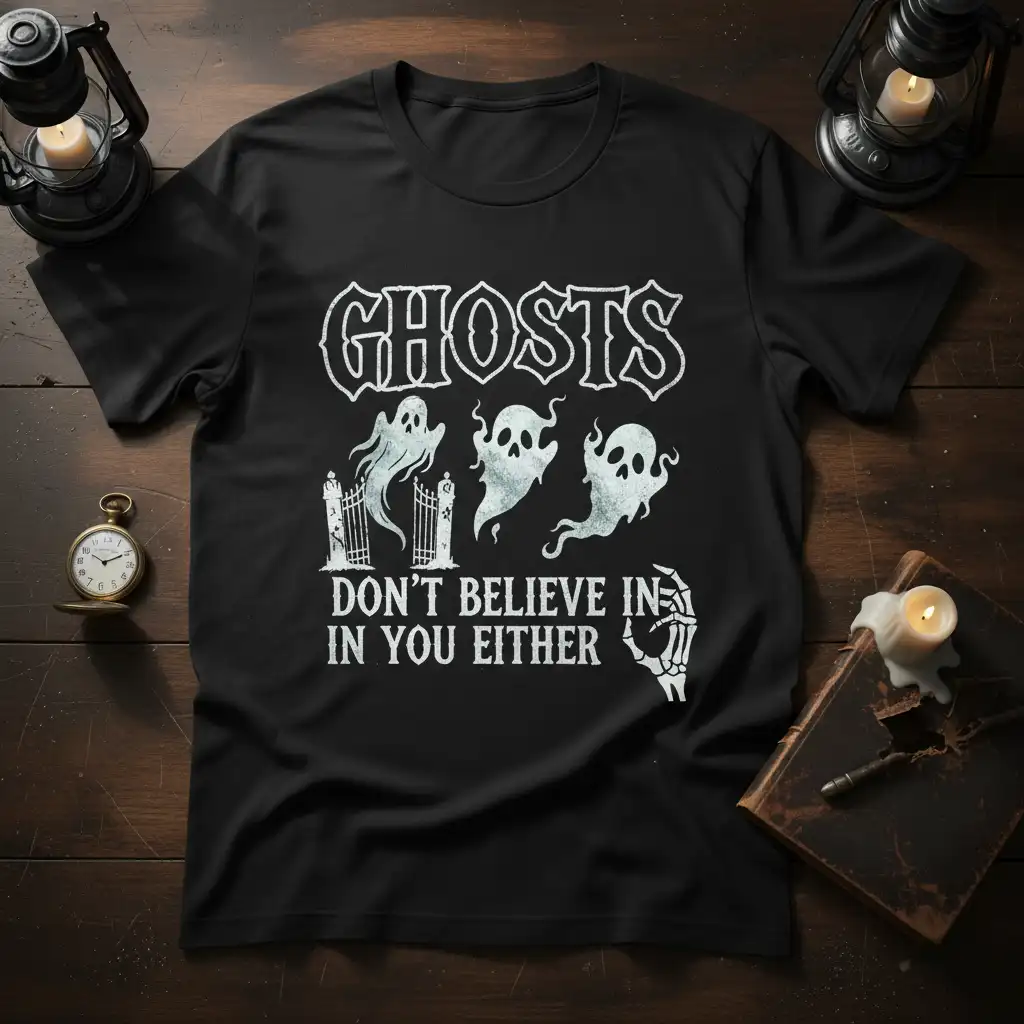 Ghosts Don't Believe In You Either quote with cartoon ghosts and skeleton hand on black t-shirt