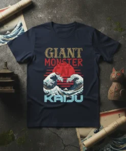 Giant Monster Cat Kaiju text with Japanese wave graphic on a navy t-shirt, inspired by Ukiyo-e art