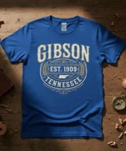 Vintage Gibson Est. 1909 Tennessee t-shirt design with distressed text and state outline