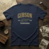 Gibson Tennessee Est 1909 t-shirt design with vintage arched text and topographic map outline of Tennessee