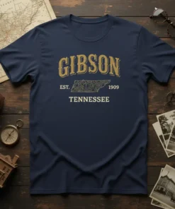 Gibson Tennessee Est 1909 t-shirt design with vintage arched text and topographic map outline of Tennessee