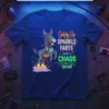 Giddy Up Sparkle Farts Chaos to Spread quote on a blue t-shirt with a robotic donkey graphic