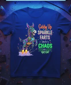 Giddy Up Sparkle Farts Chaos to Spread quote on a blue t-shirt with a robotic donkey graphic
