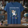 Gifted Education Crew t-shirt with a dabbing unicorn graphic and colorful constellations