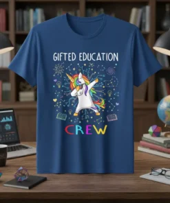 Gifted Education Crew t-shirt with a dabbing unicorn graphic and colorful constellations