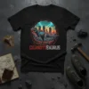 Giganotosaurus text and dinosaur graphic on a black t-shirt, featuring a prehistoric scene with lightning
