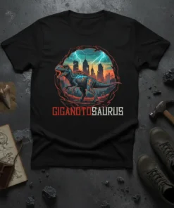 Giganotosaurus text and dinosaur graphic on a black t-shirt, featuring a prehistoric scene with lightning