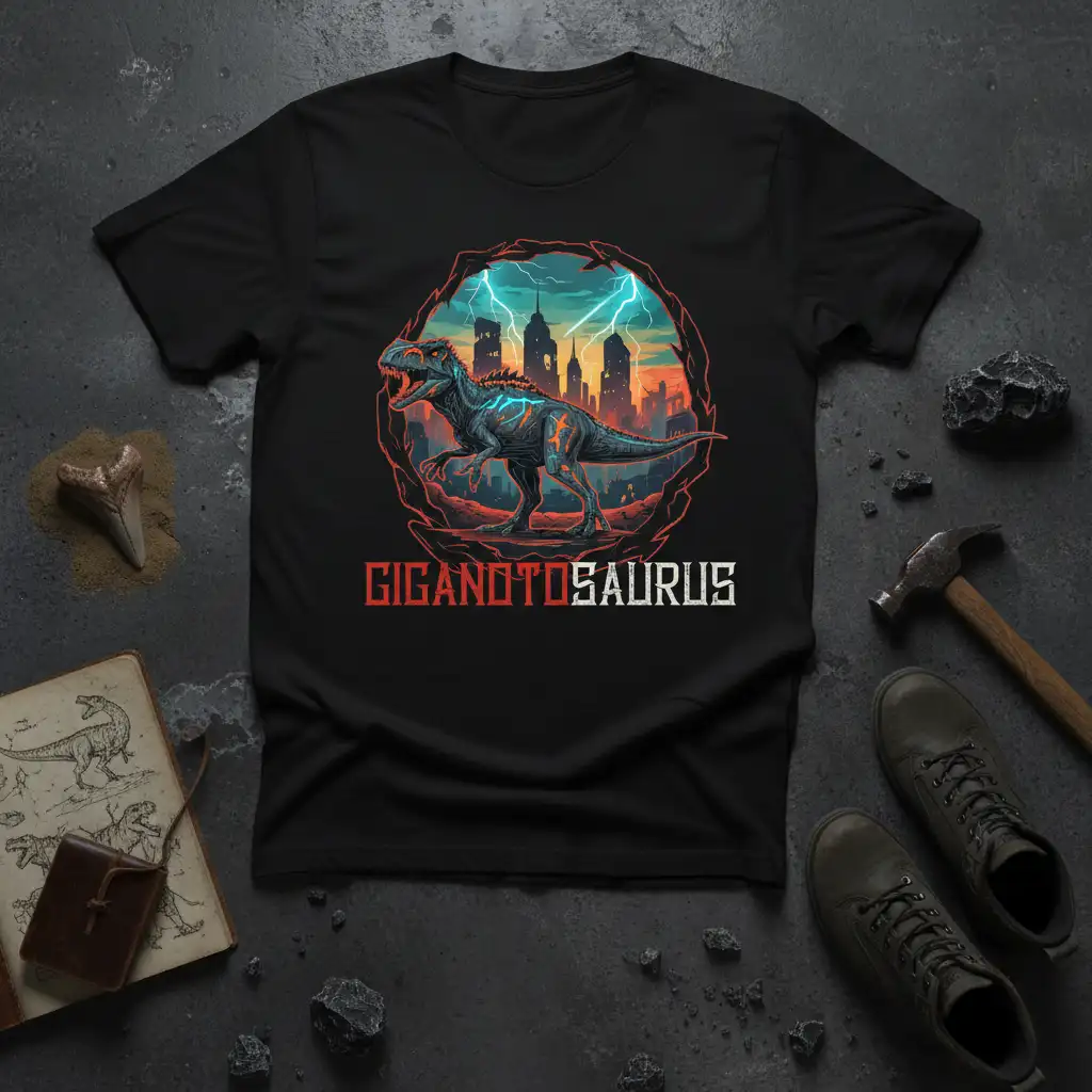 Giganotosaurus text overlaying a vibrant graphic of a dinosaur in a city during a lightning storm