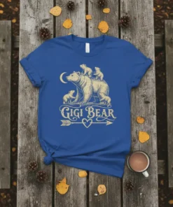 Gigi Bear t-shirt design with a mother bear and cubs under a crescent moon, featuring vintage typography and arrow accent