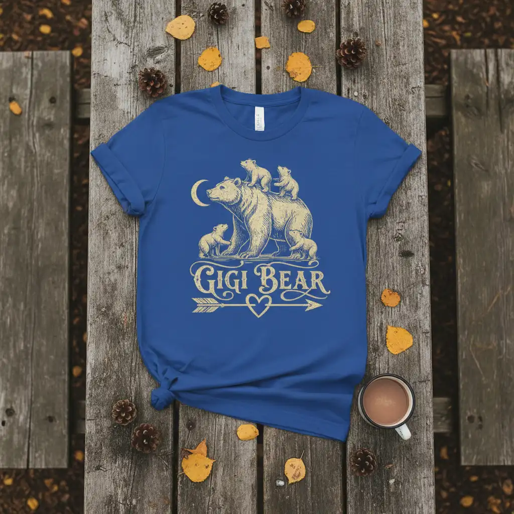 Gigi Bear graphic tee with a mother bear and cubs, vintage font, and moon accent for grandmothers