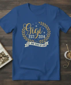 Gigi EST 2014 EST. NINE YEARS OF LOVE text design with golden laurel wreath and stars on a royal blue