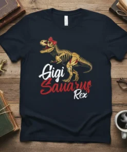 Gigi Sauarus Rex T-Shirt design with a skeleton T-Rex wearing a red bow and text "Gigi Sauarus Rex"